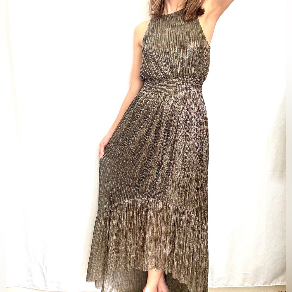 NWT Banana Republic metallic shimmery gold and black halter hi low dress size 0
